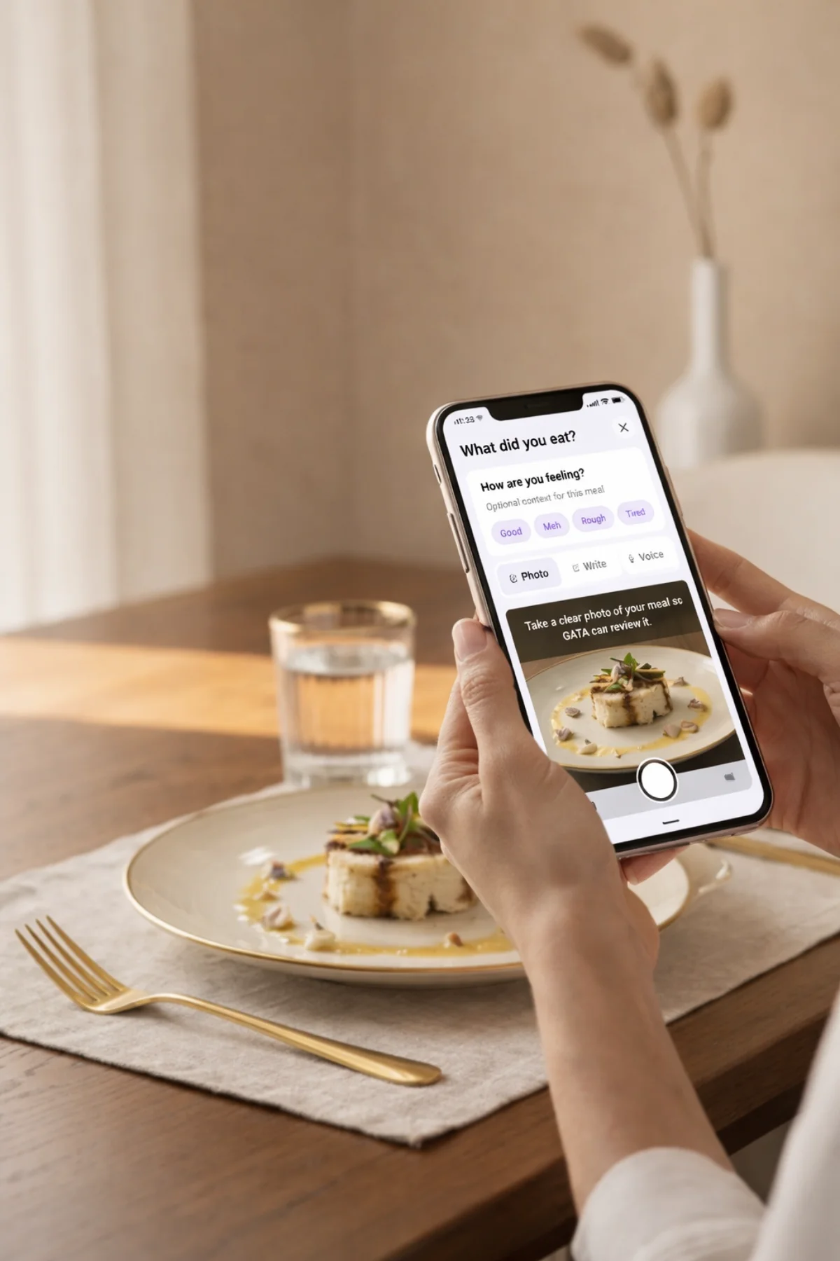 A person taking a photo of a beautifully plated meal with the GATAlife app